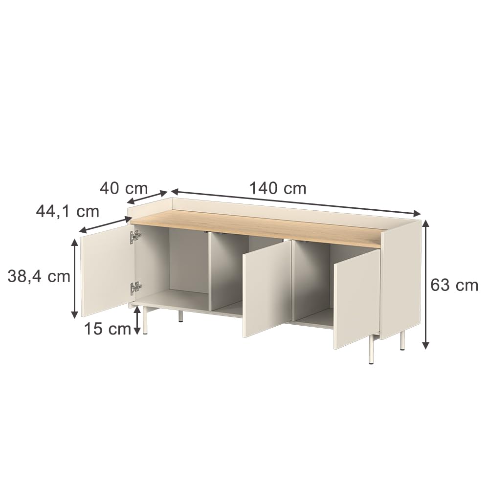 Vicco Mobile tv Velina, Crema, 140 x 63 cm con 3 porte, adatto come mobile TV con vano a giorno