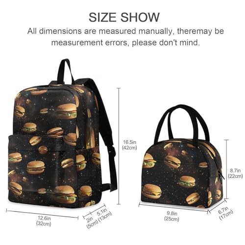 Backpack Lunch Bag Set Floating Hamburger Print, Big Storage Travel Backpacks with Insulated Lunch Box for Office Hiking Picnic2