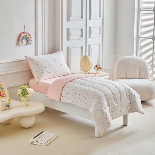 Image of Joyreap 4 Piece Toddler Bedding Set- Polka Dots Pink n White Design, Microfiber Toddler Bedding Comforter Set for Girls