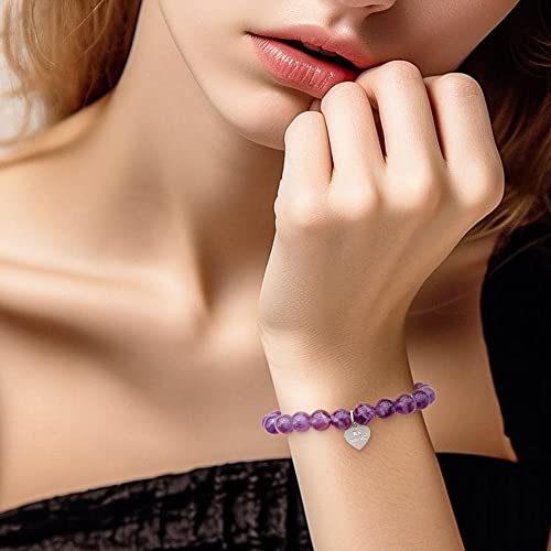 Image of Positive Lady Natural Amethyst Bracelet 16.5 17.78cm with 925 Sterling Silver Angel Wing Cross Four Leaf Clover Heart Rubber Charm 6mm bead Healing Crystal for Women Girl Handmade Adjustable, Stone
