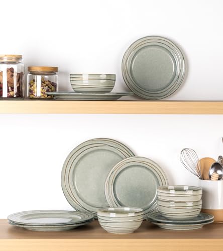 Image of GBHOME Ceramic Dinnerware Sets,12 pcs Embossed Elegant Stoneware Plates and Bowls Sets, Housewarming Wedding Gift | Dishwasher & Microwave Safe | Dishes Set Service for 6