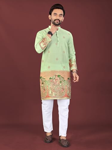 Image of Men's Cotton Silk Kurta with Jacquard Work Full Sleeves Floral Printed Side Slit and Mandarin Collar Neck | Kurta Pajama Set for Men Cotton Wedding | Short Kurta for Men