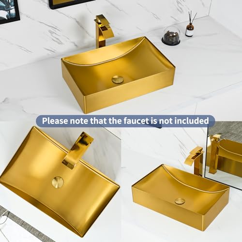 Spoonlemon Bathroom Sink, 21.7 Inch X 13.8 "X 5.1 Inch Stainless Steel Vessel Sink For Bathrooms, Countertop Vessel Sink Vanity With Pop-Up Drain Stopper, Pvd Coating Bathroom Vessel Sinks, Gold thumb #5