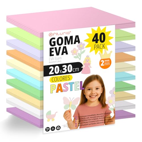 OFITURIA Pack 40 Hojas de Goma Eva Pastel, Tamaño 20x30cm, 10 Colores Surtidos Ideales para Proyectos Creativos, Manualidades, Uso Escolar o Profesional, Foamy EVA (Surtido Pastel)