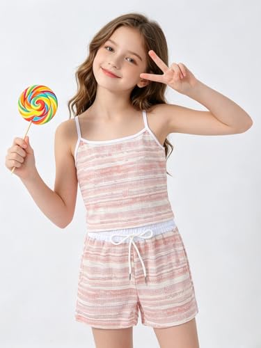 Image of Size 7-14Y Girls Clothes 2 Piece Outfits Striped Tank Top Drawstring Shorts Teen Girls Summer Clothing Sets