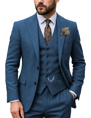 Men's Classic Suits Regular Fit 3 Piece Prom Tuxedos Tweed Herringbone Jacket+Vest+Trousers Wedding Grooms2