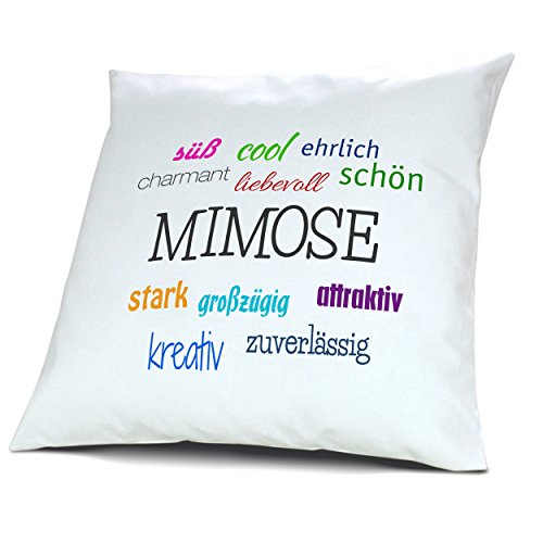 digital print Kopfkissen mit Namen Mimose - Motiv Positive Eigenschaften, 40 cm, 100% Baumwolle, Kuschelkissen, Liebeskissen, Namenskissen, Geschenkidee, Deko
