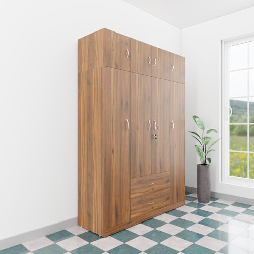 Image of VIKI Wardrobe | Wooden Almirah for Clothes,Door for Bedroom with Loft, 4 Door Wardrobe with Drawer & Hanging Space (Brussel Walnut - 40D x 160W x 220H) | 1 Year Warranty | Free Assembly