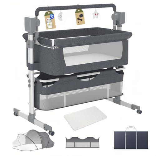 Dziranam Beistellbett Baby, Stubenwagen Baby mit Rollen, Atmungsaktives Netzgewebe,Matratze & Moskitonetz,Sicheres und Stabiles Design, Babybett mit 5 Schaukelmodi(Grau)