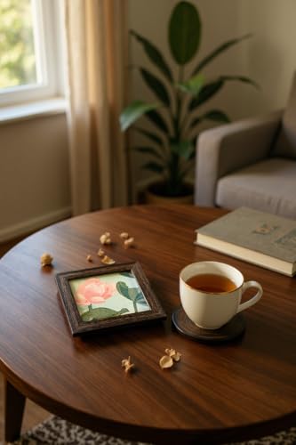 Image of Coaster | Wooden Square Shaped Frame | Stylish Ethnic Tabletop Design | Ideal for Home & Office | Perfect for Tea Cups, Coffee Mugs & Glasses (Lotus, Set of 2)