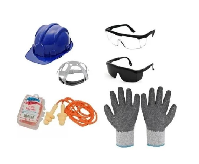 Kit Obras Capacete + Óculos + Protetor Plug + Luva Corrugada Azul