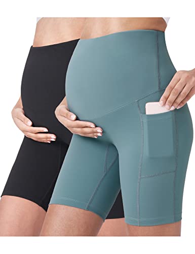 POSHDIVAH Damen Umstands-Yoga-Shorts über dem Bauch Bump Sommer Workout Laufen Active Short Hose mit Taschen 12,7 cm / 20,3 cm, Schwarz + Hellgrün, 20,3 cm, Klein Cover