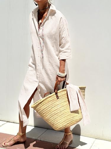 Image of chouyatou Women's Summer 3 /4 Sleeve Striped Shirt Dress Belted Maxi Long Casual Button Down Beach Dress