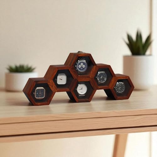 Image of Vintage Wooden Watch Box for Men, Timepiece Display Case, Honeycomb Watch Storage & Organizer, Jewlery Box for Women, Anniversary Gift For Husband (6 Compartments)