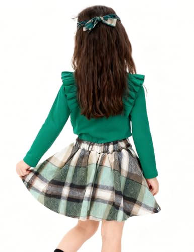 Image of AGQT Toddler Girls Fall Winter Clothes Long Sleeve Ribbed T-Shirt Knit Tops Plaid Button Mini A-line Skirts Set Outfits