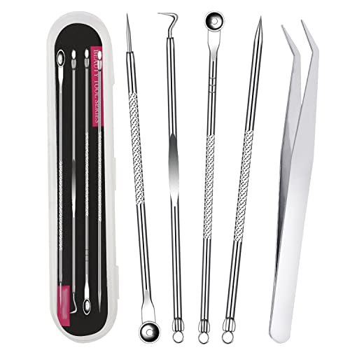 Kit Puntos Negros, 5 Piezas Quita Espinillas y Puntos Negros Acero Inoxidable Profesionales, Extractores de Puntos Negros Removedor de Espinillas con Caja para Extraer Puntos Negros Pústulas Cover