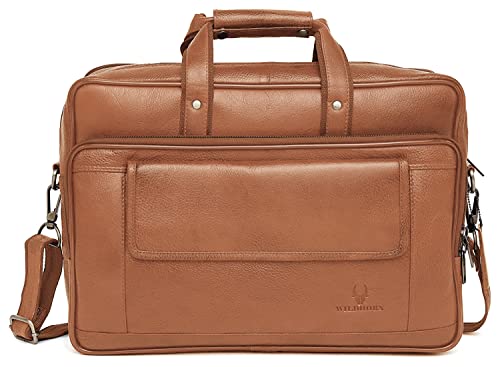 Image of WildHorn Men's Genuine Leather 15.6-Inch Laptop Messenger Bag | Classic Office & Travel Bag | Sturdy Carry Handles with Adjustable Strap | Durable & Spacious Design | 1-Year Warranty,Brown
