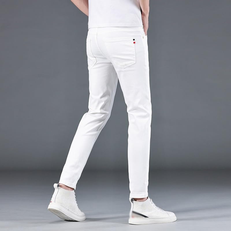 White Cropped Jeans, Thin Stretch Slim Fit, Small Leg Cropped Pants(39)3