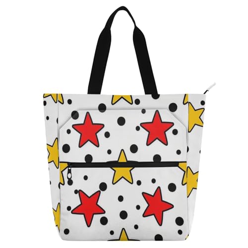 Books Totes Book Bag for Boys Girls Adults, Stars Colorful Black Dot Lightweight School Beach Bag Shopping Bag with Zipper for School Work Travel