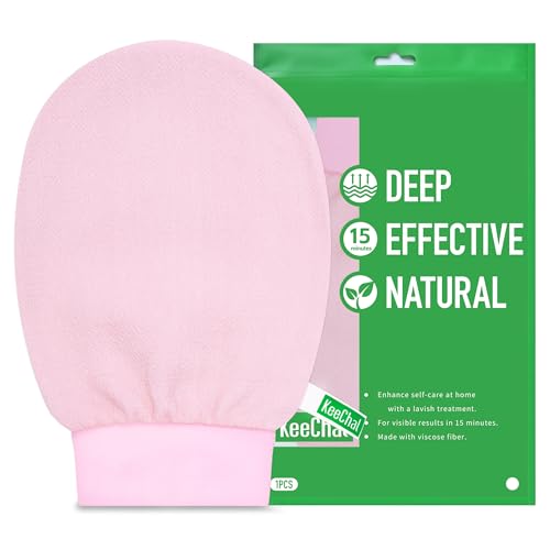 KeeChal Exfoliating Glove, Upgrade Double-layer Cushioned, for Delicate Skin & Beginners, Brighten Tattoos, Remove Dead Skin, for Self-Tan Prep/Removal & Keratosis Pilaris (1 pc, Blush Pink)