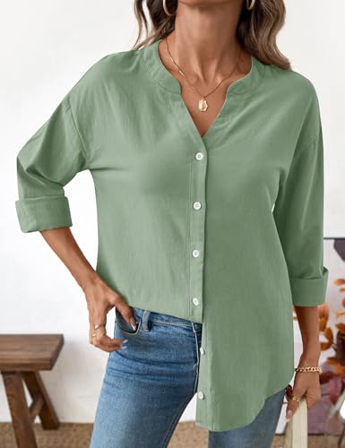 LOMON Womens Button Down Shirts Long Sleeve Cotton Button Up Shirt Linen V Neck Casual Loose Tops Blouses2