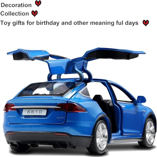 Image of 1:32 Tesla Model X Toy Car with Pull-Back Action Lights, Sound and openable Doors.Durable diecast Model for Kids Aged 3-12 offering Hours of Fun and Realistic Play (Blue)