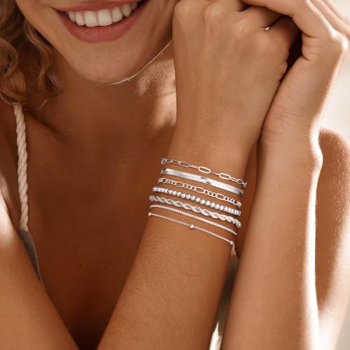 M MOOHAM Silver Plated Bracelets for Women, Silver Beaded Bracelet Stack - image 6