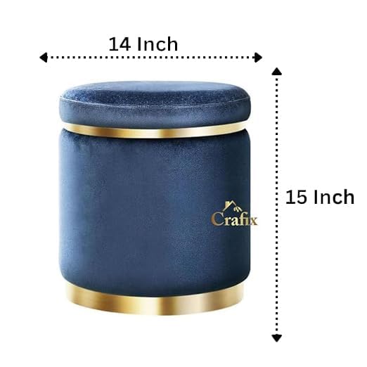 Image of Velvet Puffy Ottoman Stool, Round Footrest with Diamond Quilting and Gold Base, Grey, for Living Room, Bedroom and Dressing Area Grey (Blue)