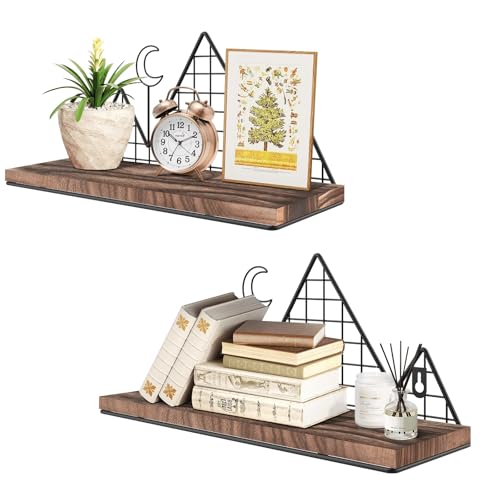 Image of Homode Floating Shelves, Set of 2 Mountain Wall Shelves, Rustic Wood Display Storage Shelf with Metal Wire, Geometric Decor for Bathroom, Nursery, Bedroom, Office, Brown and Black