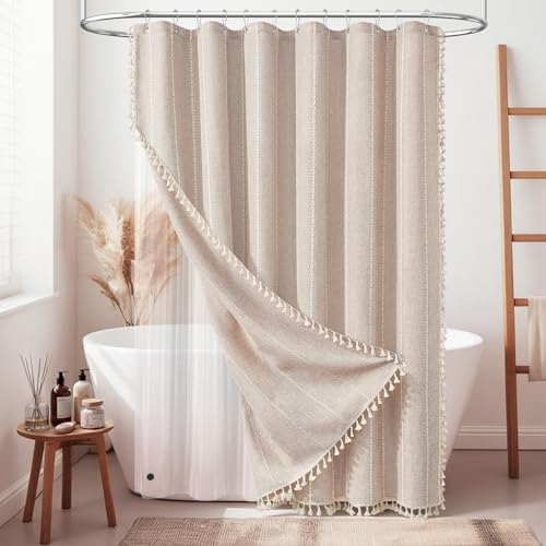 BTTN 3 in 1 72x80 Boho Long Linen Shower Curtain Set with Liner, Tan/Taupe by BTTN - Used condition - US$39.55