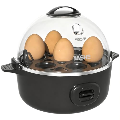 YASHE Rapid Egg Cooker, 7 Egg Capacity Electric Egg Boiler for Hard, Medium, Soft Boiled Eggs, Poacher, Poached Omelet Maker Egg with BPA Free Tray & Egg Bowl, Auto Shut Off, Musical Buzzer, Black