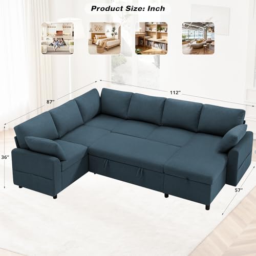 Image of 112 inch Fabric Sectional Sofa w /Pull Out Bed & Storage Chaise, Blue