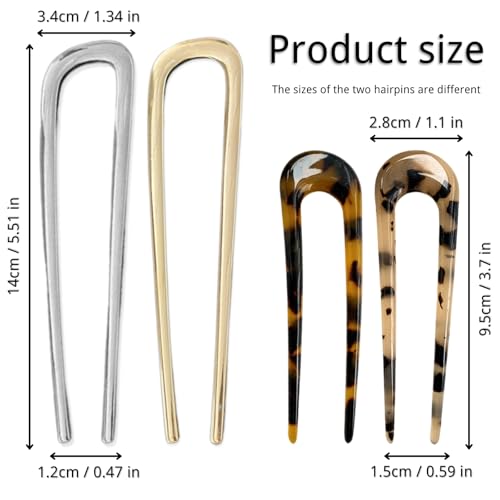 KEYRI 4 PCS French Hair Pins U-Shaped Hair Pins Delicate French Twist Pins for Variety Occasions Gold and Silver Hair Clips Dark and Light Tortoiseshell Clips for Women and Girls (Metal and Acetate) - Image 2