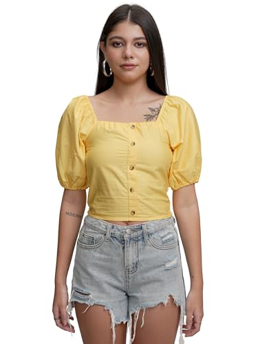 Image of Tokyo Talkies Women's Puff Sleeves Shirt-Style Crop Top | Chic & Trendy | Perfect for Casual Outings & Weekend Brunches | Tops for Woman | Women Tops | Stylish Top