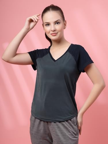 Image of UZARUS Women's V-Neck Regular Fit Gym T-Shirt | Soft Lightweight & Stretchable Fabric | Activewear Top for Workout Yoga Running Exercise Casual Wear