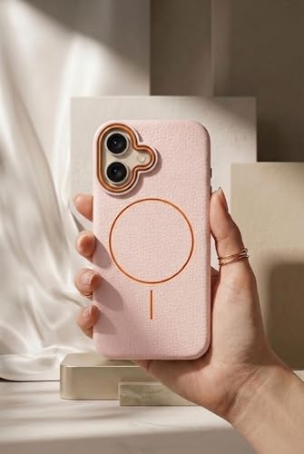 Image of amazon basics Luxury MagSafe Compatible Leather Texture Back Cover for iPhone 17 | Raised Camera Protection | Slim Fit Shockproof Case with Metallic Accents (Pink)