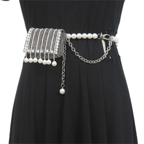 Pearl Chain Small Bag Women's Rhinestone mini Everything Belt Oblique Straddle Bag Waist Chain Accessory Trend(E)