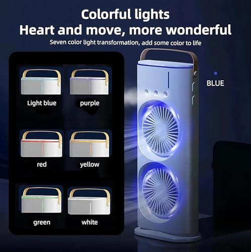 Image of Portable Air Cooler Fan with Mist Function, Dual Fan Design, 700ml Water Tank, USB Powered, Remote Control, LED Light, Timer Settings, Carry Handle
