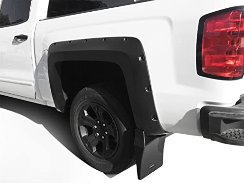 Image of Bushwacker Mud Flaps for Pocket Flares | 2-Piece Set, Black, Smooth Finish | MUD-40120 | Fits 2014-2018 Chevrolet Silverado 1500; 2019 1500 LD; 2015-2019 2500 HD /3500 HD Fleetside (Excludes Dually)