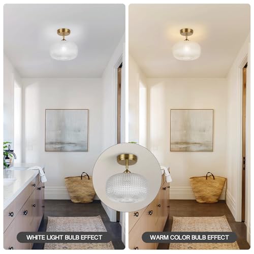 Image of Glass Semi Flush Mount Ceiling Light Fixture, Gold Vintage Globe Lamp, Sloped Ceiling Adaptable, for Hallway, Kitchen, Bedroom, or Entryway, Modern Farmhouse Style Light for Dining Room
