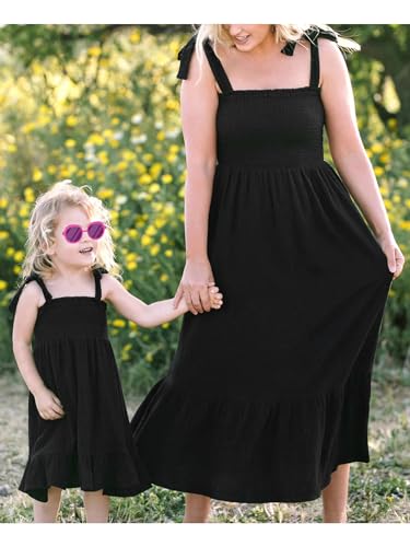 Mommy and Me Dresses Matching Outfits Family Solid Color Tie-Up Spaghetti Strap Long Dress for Mother and Daughter2