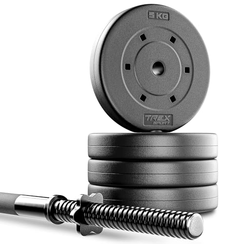 TREX SPORT Langhantel Set 24kg | Hantelset mit Langhantelstange 120cm, Kunststoff Hantelscheiben, Sternverschlüsse, langlebig | Home Gym Krafttraining