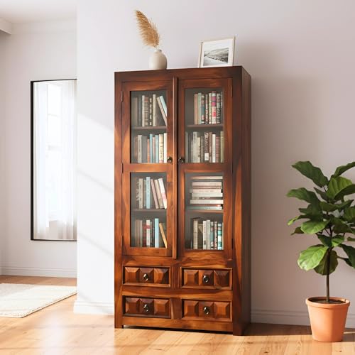 Image of SONA Art & Crafts Wooden Crockery Cabinet with Glass Door | Wooden Book Shelf for Home Library | Bookshelf Crockery Unit for Home & Kitchen Living Room (Natural Brown)
