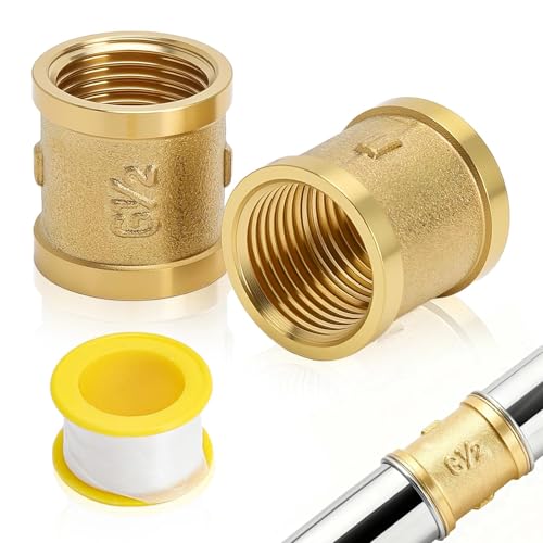 TMZELOA 2 manguitos de latón de 1/2 pulgadas, adaptador de manguito G1/2' (20 mm), doble manguito con cinta de sellado de rosca, accesorios de latón para conexión de tuberías, sistema de agua potable
