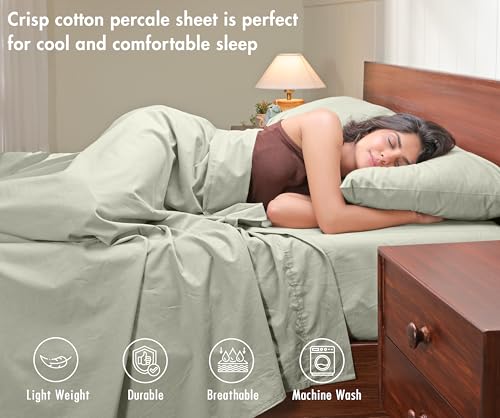 Image of RUVANTI 100% Cotton Percale Sheets King - Crisp Cooling Summer Bed Sheets for Hot Sleepers, Deep Pocket 14 inch, Soft Peach Finish, Breathable & Durable Hotel-Style 4 Piece Set, Sage Green