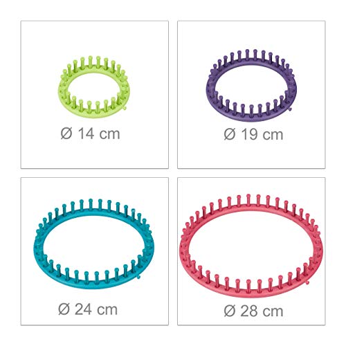 Relaxdays Strickring Set, 4 Strickrahmen, mit Anleitung, Strickset für Anfänger, Ø 28cm, 24cm, 19cm, 14cm, mehrfarbig