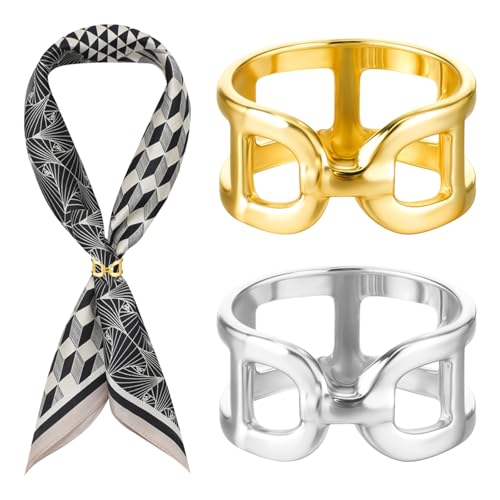Image of Piriuuo 2 Pcs Scarf Ring for Women, Gold Sliver Scarf Clips Metal Scarf Slide Buckle Silk Scarves Pin Shawl Clips Shawl Clasp Holder Scarfs Accessories for T-Shirt Neckerchief