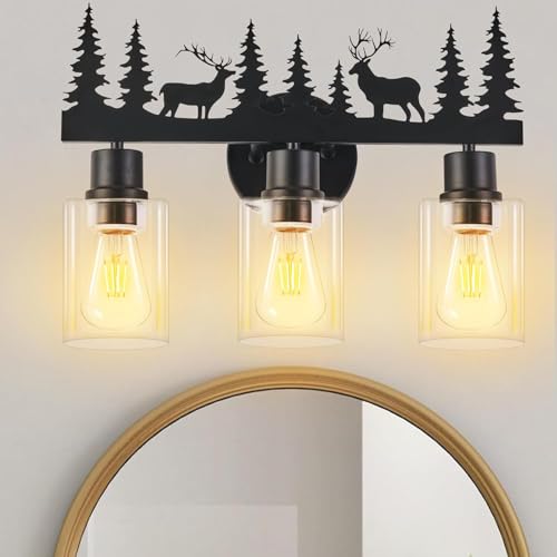 Image of Rustic Bathroom Light Fixtures, 3-Light Farmhouse Vanity Lamp with Deer Design and Clear Glass Shade, Black Wall Lighting for Bathroom, Hallway, Kitchen, Porch