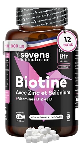 Biotine 10000 mcg Cheveux Peau Ongles – Complément avec Zinc Sélénium Vitamines B12 D – 365 comprimés – Sans Gluten Lactose – Sevens