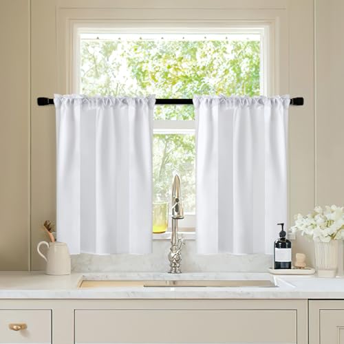 Image of MIULEE White Semi Sheer Privacy Curtains Drapes 2 Panels 26W x 36L | Semi sheer privacy, non-see-through, light filtering, fits kitchen, bathroom, bedroom